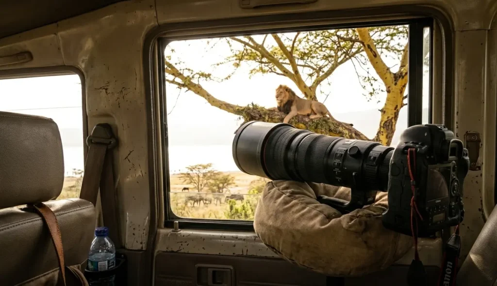 Tree-Climbing Lions of Lake Nakuru 2026: The "Wet-Paw" Operator's Guide 7 Using a 600mm lens on a beanbag to capture Tree Climbing Lions Lake Nakuru in 2026