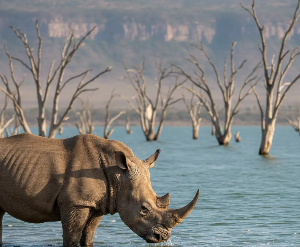White Rhino by the flooded shoreline of Lake Nakuru with submerged acacia trees.
