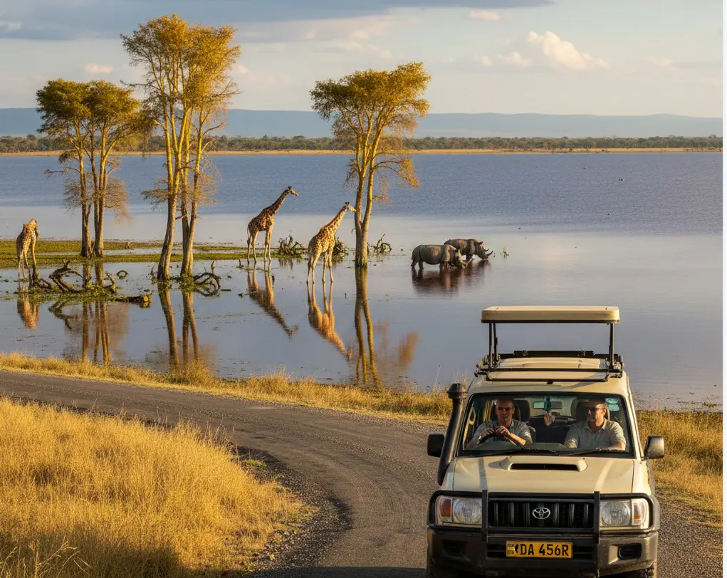A 4x4 safari vehicle driving through Lake Nakuru National Park in 2026, with rhinos grazing near the flooded shoreline.