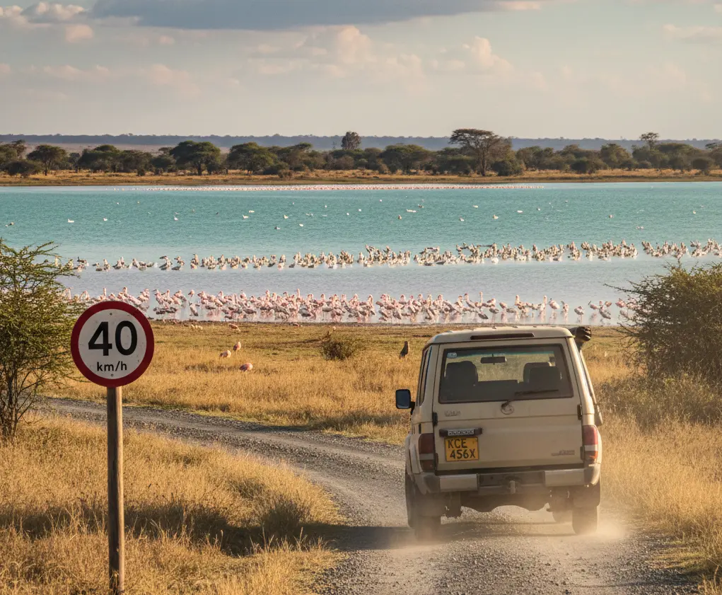 Lake Nakuru Self Drive 2026: Rules, 2WD/4WD & Route Hacks 2 A 4WD vehicle navigating the North-Western circuit of Lake Nakuru National Park in 2026, showing the lake shore and wildlife.