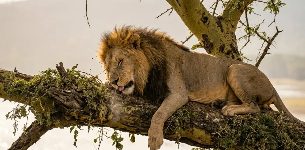 Tree-Climbing Lions of Lake Nakuru 2026: The "Wet-Paw" Operator's Guide 5 A lion cooling off in the acacia canopy during a mid-afternoon Lake Nakuru wildlife sighting in 2026