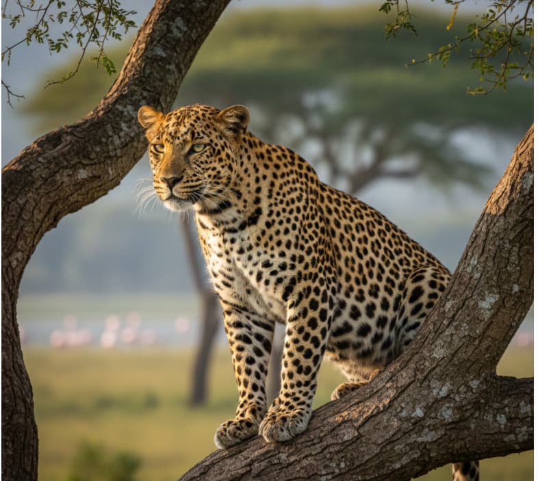 Lake Nakuru National Park Gates: Which Entrance Should You Use? (2026 Guide) 4 An African leopard perched on a yellow fever tree branch during an early morning safari at Lake Nakuru National Park