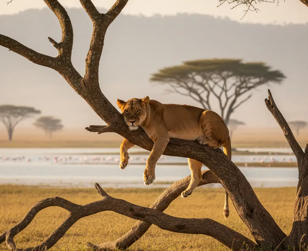Best Time to Visit Lake Nakuru National Park: 2026 Opening Hours & Seasonal Tips 3 A lioness resting on a low acacia branch at Lake Nakuru National Park, captured in the natural light of golden hour.