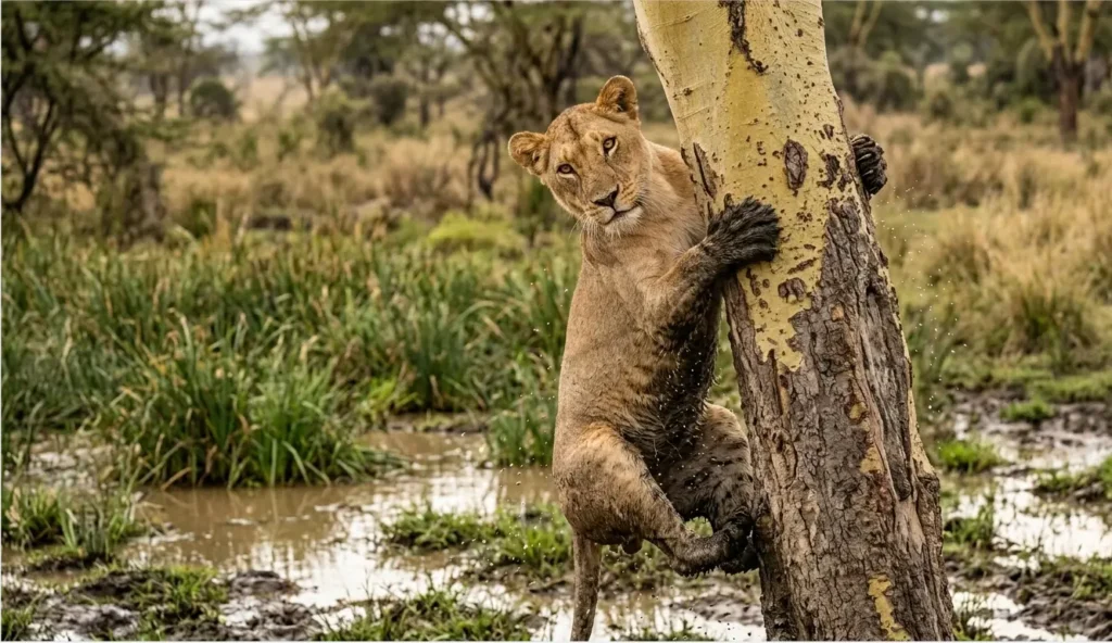 Tree-Climbing Lions of Lake Nakuru 2026: The "Wet-Paw" Operator's Guide 2 A lioness climbing an acacia tree to escape flooded ground in Lake Nakuru National Park in 2026