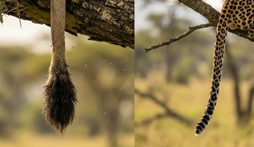 Tree-Climbing Lions of Lake Nakuru 2026: The "Wet-Paw" Operator's Guide 6 Comparison of lion and leopard tail silhouettes in the acacia tree canopy of Lake Nakuru 2026