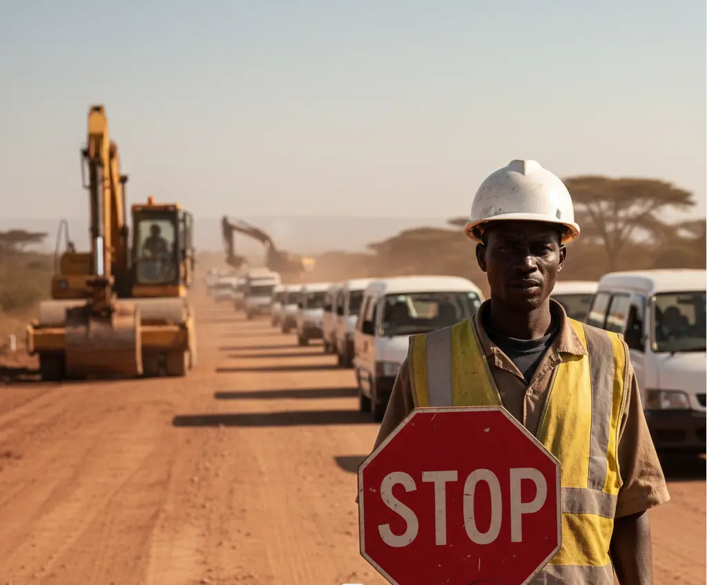 A construction flag man managing Nairobi to Nakuru transport flow in 2026.