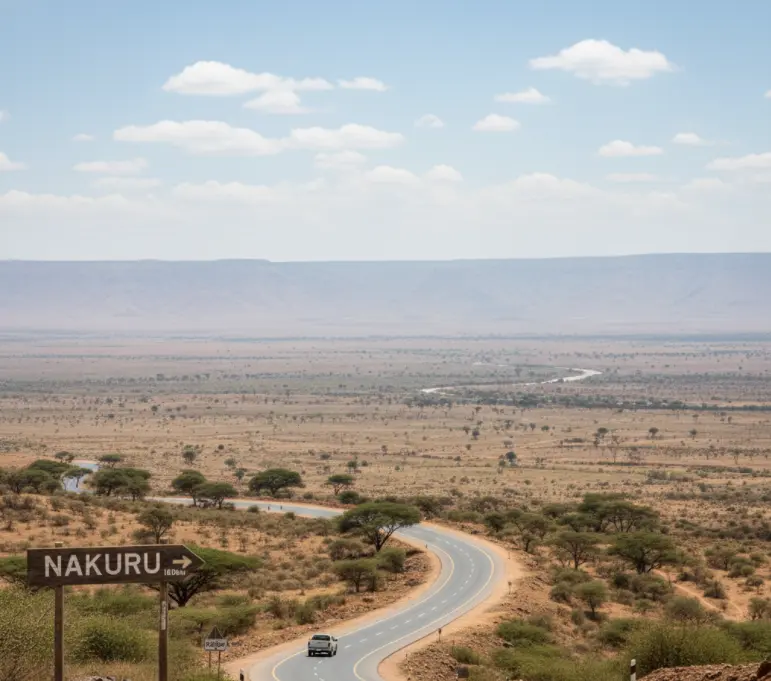 The iconic Great Rift Valley viewpoint on the Nairobi to Nakuru highway showing the escarpment road and the valley floor.
