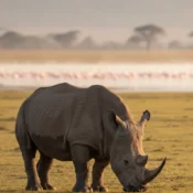 Southern White Rhino grazing in Lake Nakuru National Park during a golden hour safari in 2026