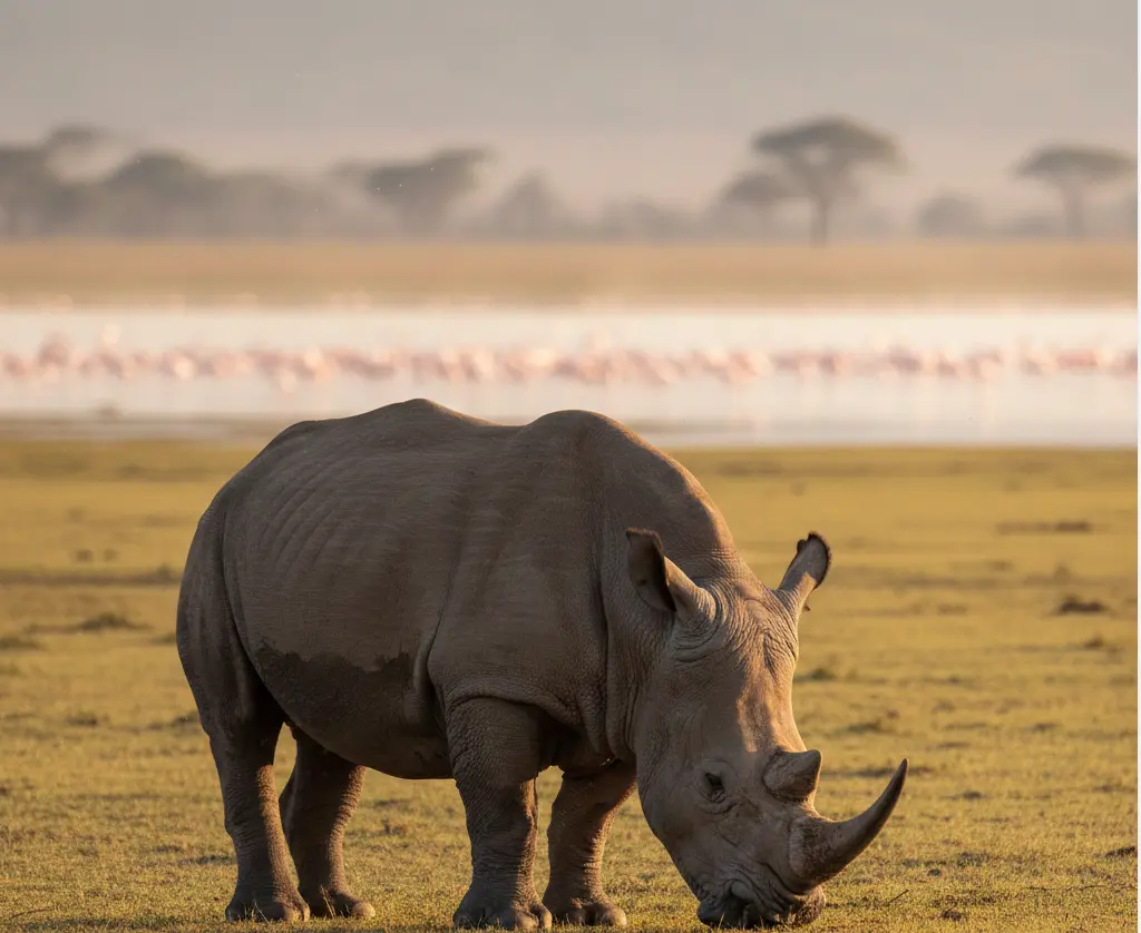 Southern White Rhino grazing in Lake Nakuru National Park during a golden hour safari in 2026