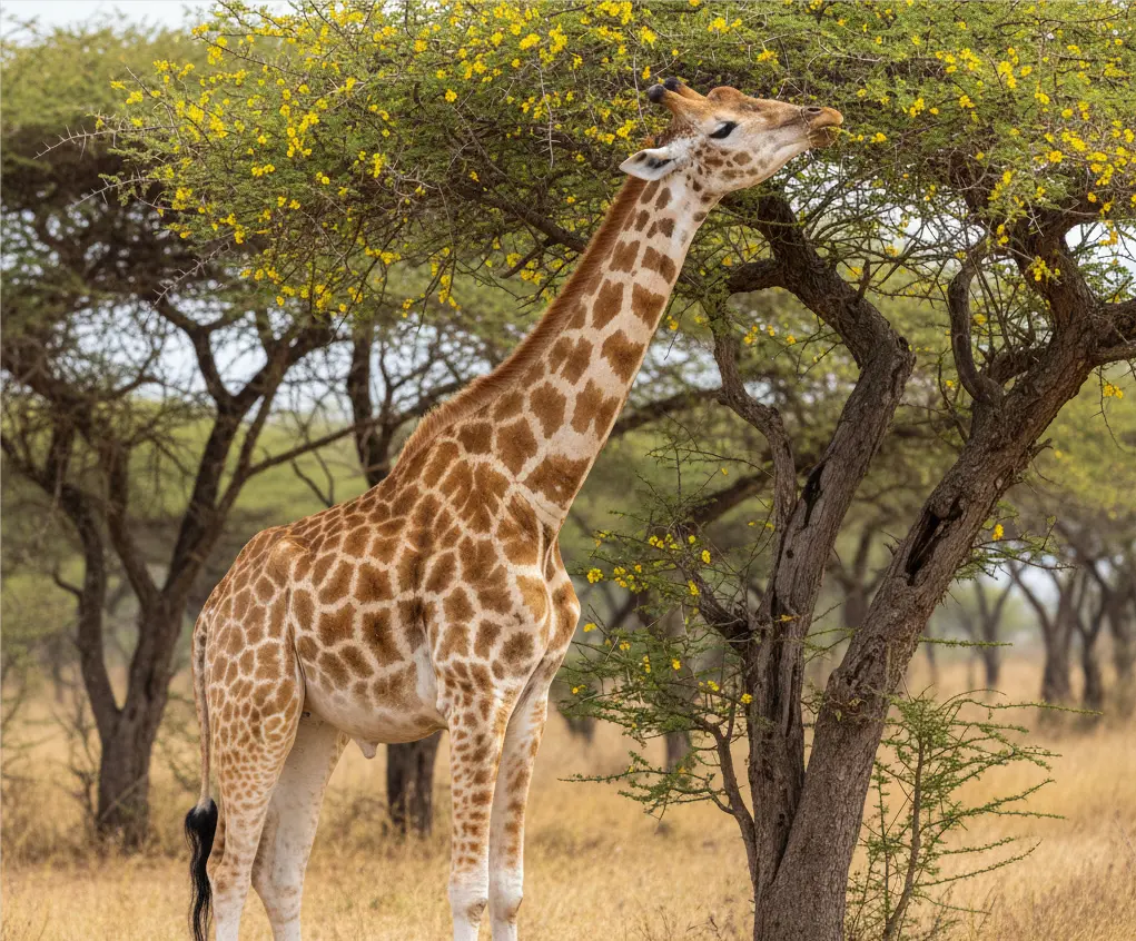 A rare Rothschild’s Giraffe feeding in the acacia forests of Lake Nakuru National Park.