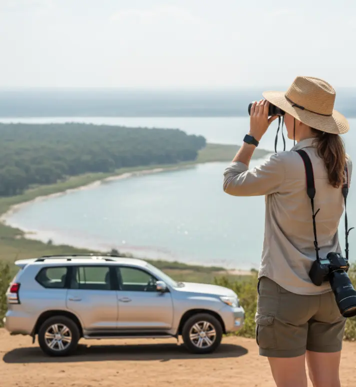 A solo female tourist enjoying the view at Baboon Cliff, Lake Nakuru National Park.