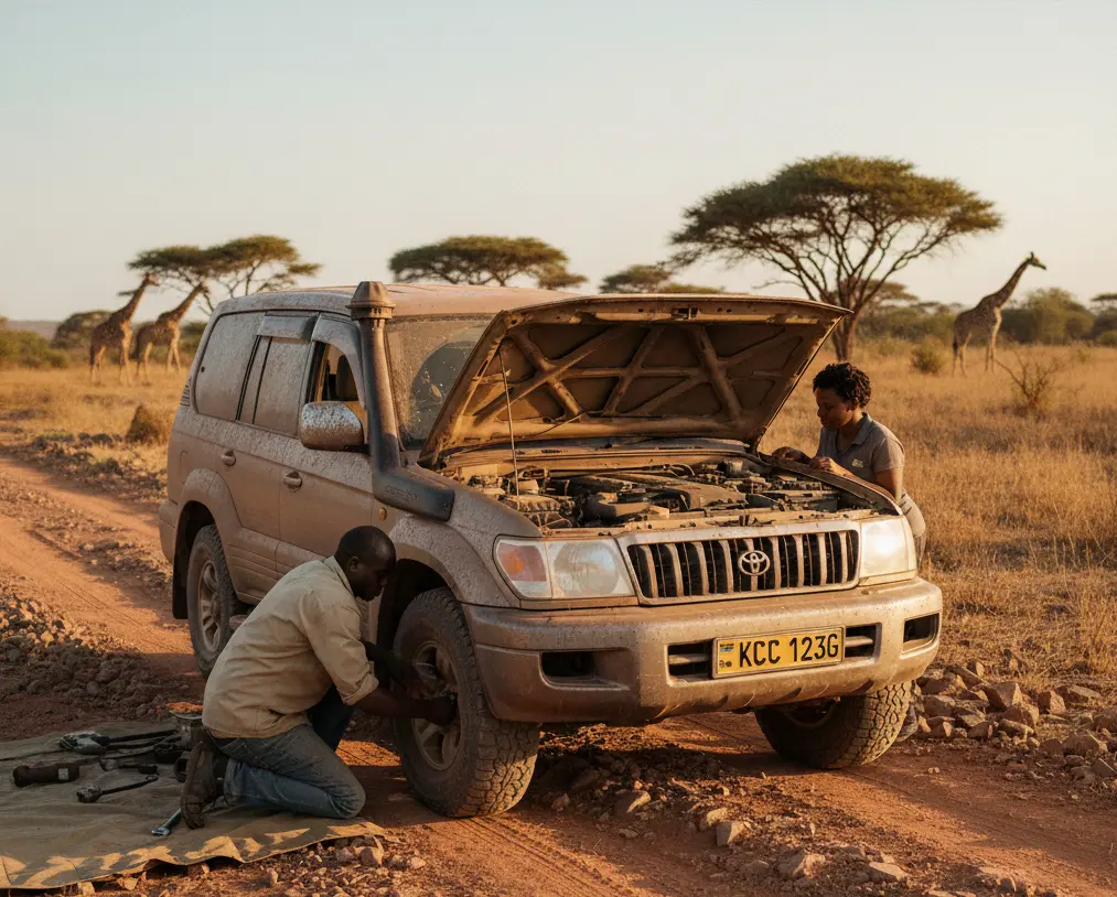 Illustration of a Toyota Prado broken down on a dirt track in Lake Nakuru National Park with a person inspecting the engine.