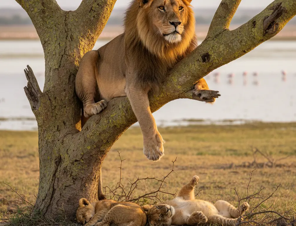 Lake Nakuru Self Drive 2026: Rules, 2WD/4WD & Route Hacks 3 A male lion resting on an acacia tree branch with two lion cubs sleeping peacefully on the ground below in Lake Nakuru National Park.
