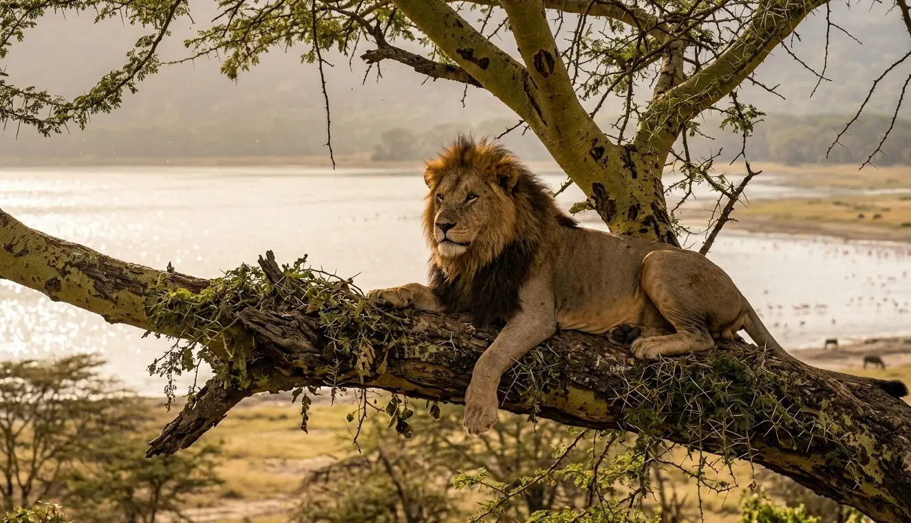 A male lion resting on an acacia tree branch in Lake Nakuru National Park during the 2026 season