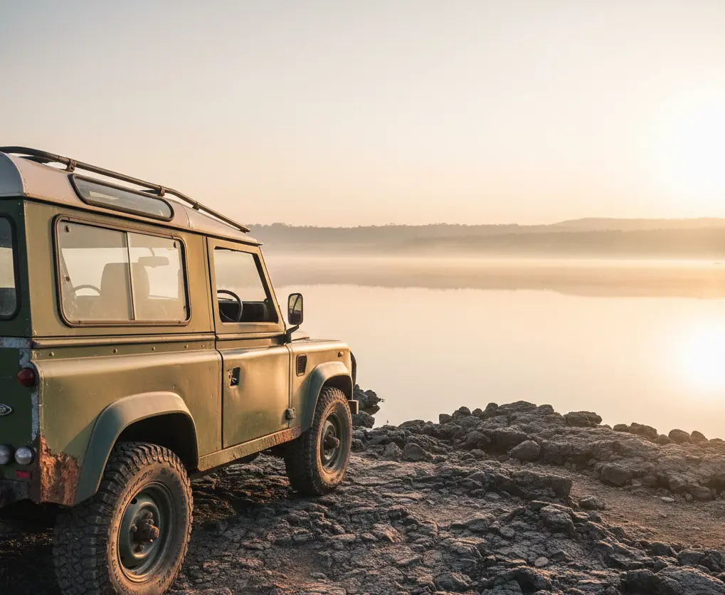 A vintage safari 4x4 vehicle parked on the rocky shore of Lake Nakuru in 2026.