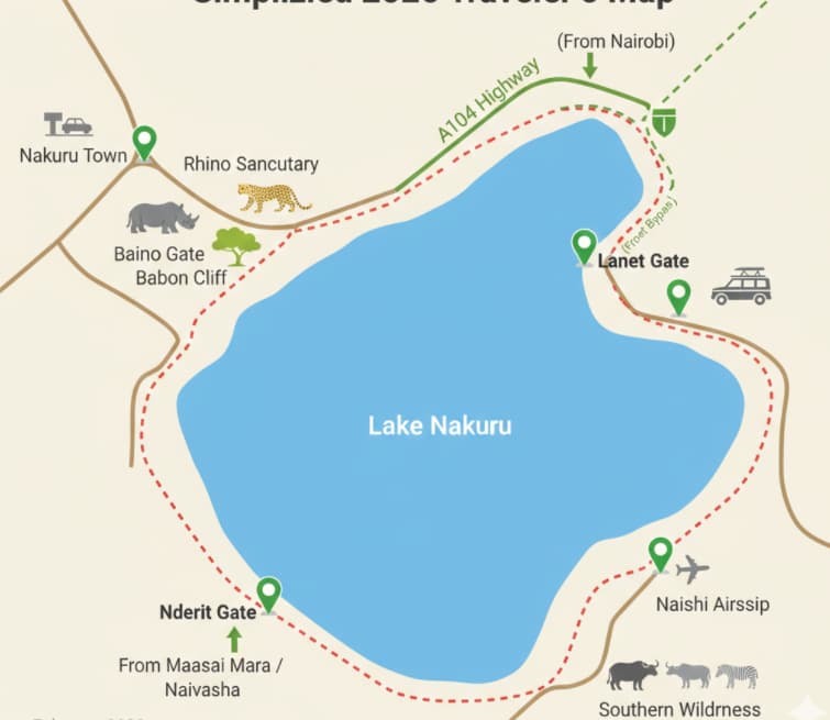 Lake Nakuru National Park Gates: Which Entrance Should You Use? (2026 Guide) 3 Simplified traveler's map of Lake Nakuru National Park showing the locations of Main Gate, Lanet Gate, and Nderit Gate relative to Nairobi and Nakuru Town