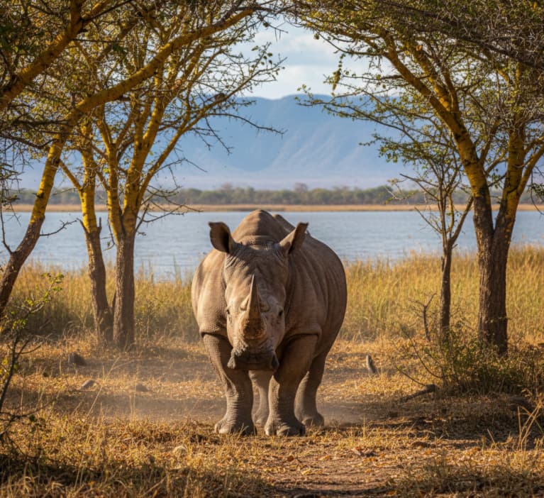 A white rhino grazing among the iconic yellow fever acacia trees at Lake Nakuru National Park during the dry season.