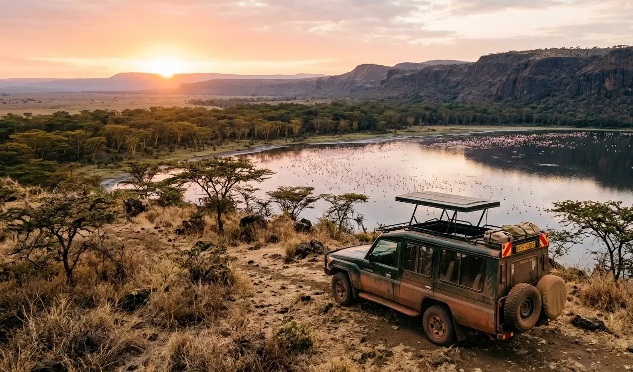 2026 2-day Lake Nakuru safari itinerary featuring a vehicle on a high-ground ridge.