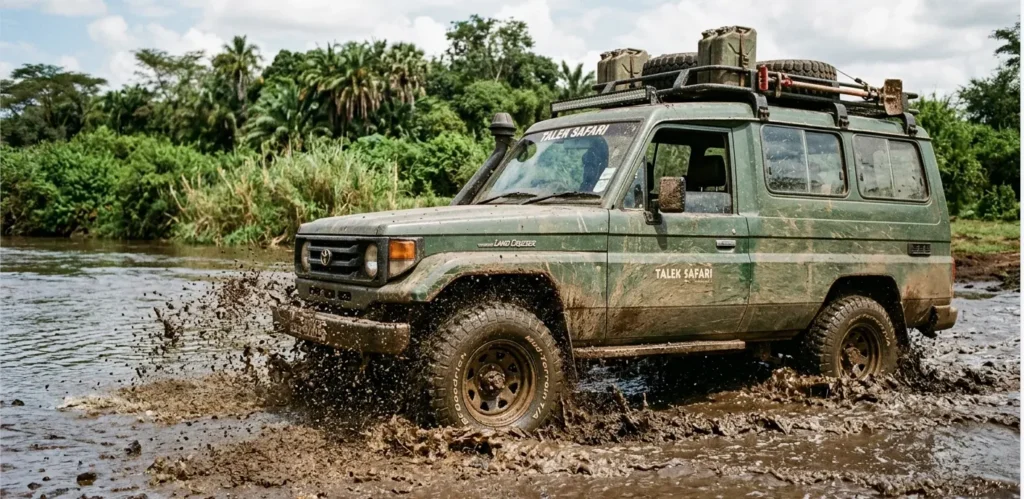 4WD safari vehicle navigating a mud track, meeting 2026 Mara self-drive regulations.