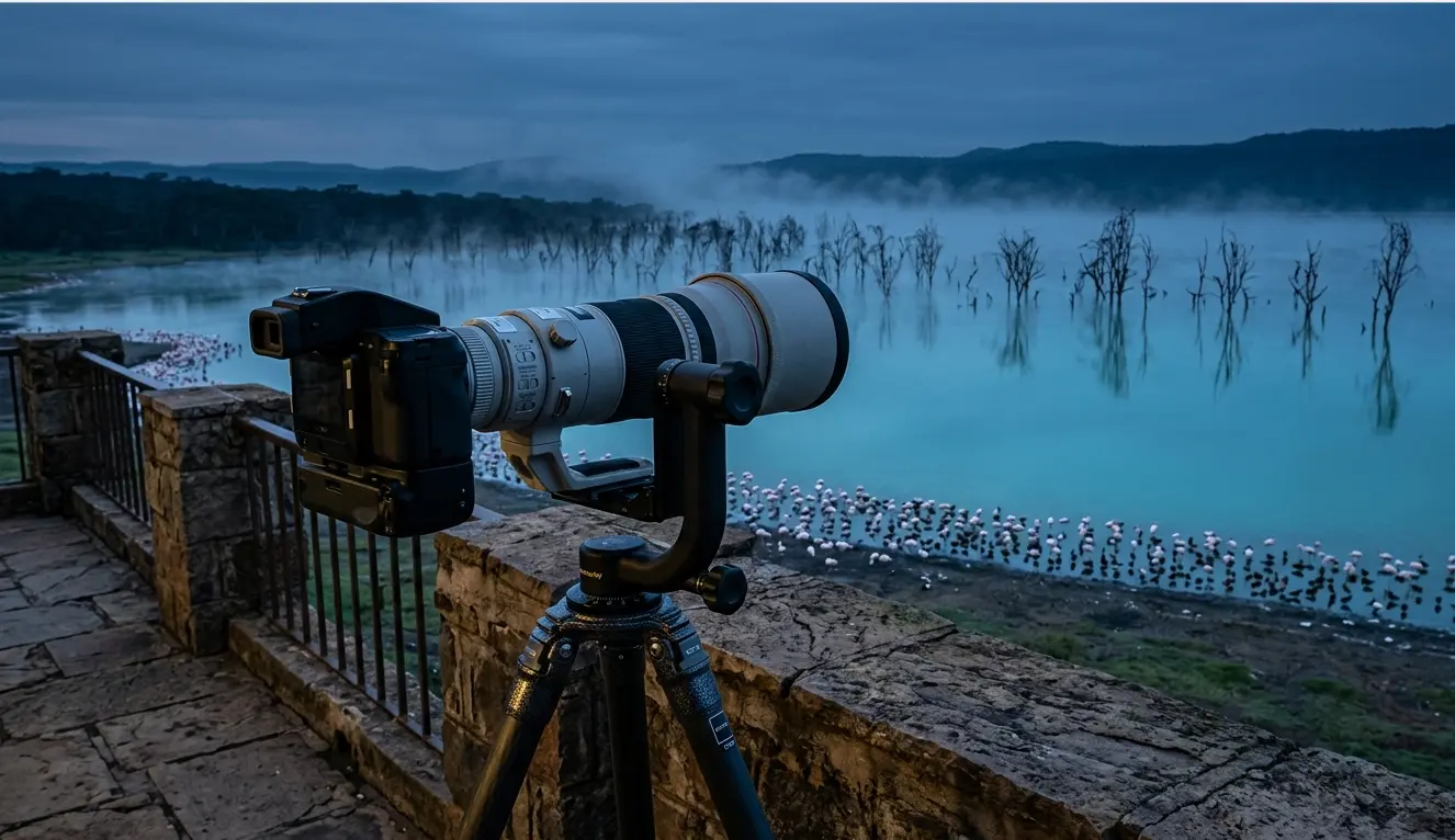 Professional camera setup at one of the best Lake Nakuru lodges for photography.