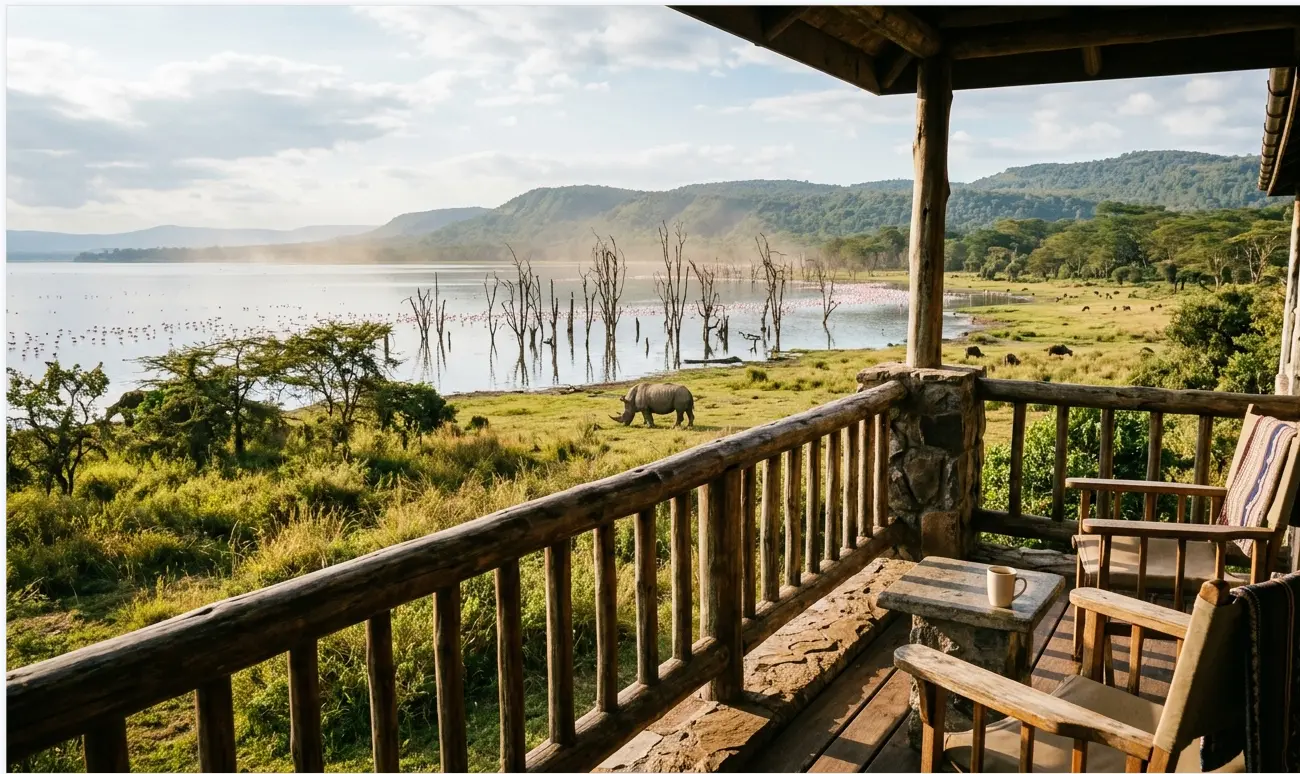 Panoramic view from a luxury lodge balcony in Lake Nakuru showing a rhino near the flooded shoreline in 2026.