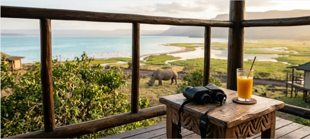 The Best Safari Lodge in Lake Nakuru: A 2026 Operator’s Verdict (And Why the "Old Lists" are Wrong) 2 A private balcony view of a white rhino from the best lodge for Lake Nakuru safari in 2026.