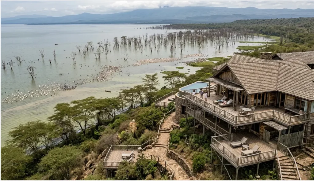 High-elevation view from a luxury lodge balcony overlooking the 2026 Lake Nakuru floods.