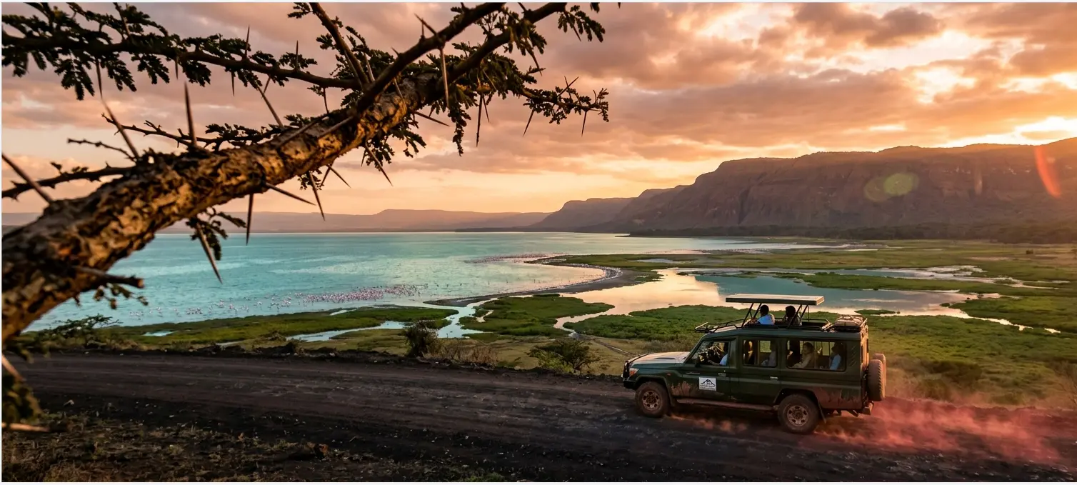 A luxury safari vehicle traversing the ridge near the best safari lodge Lake Nakuru offers during a 2026 sunset.