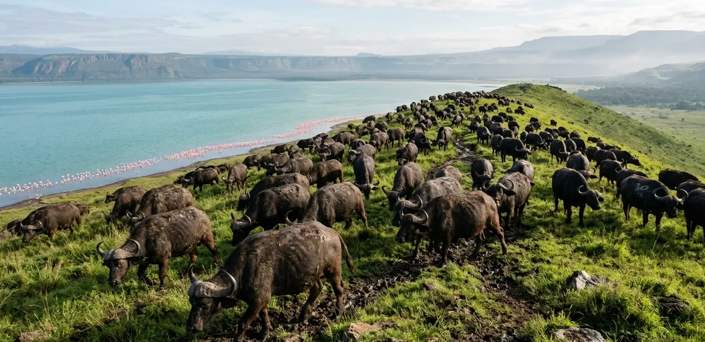 A large herd of Buffaloes in Lake Nakuru National Park grazing near the shoreline.