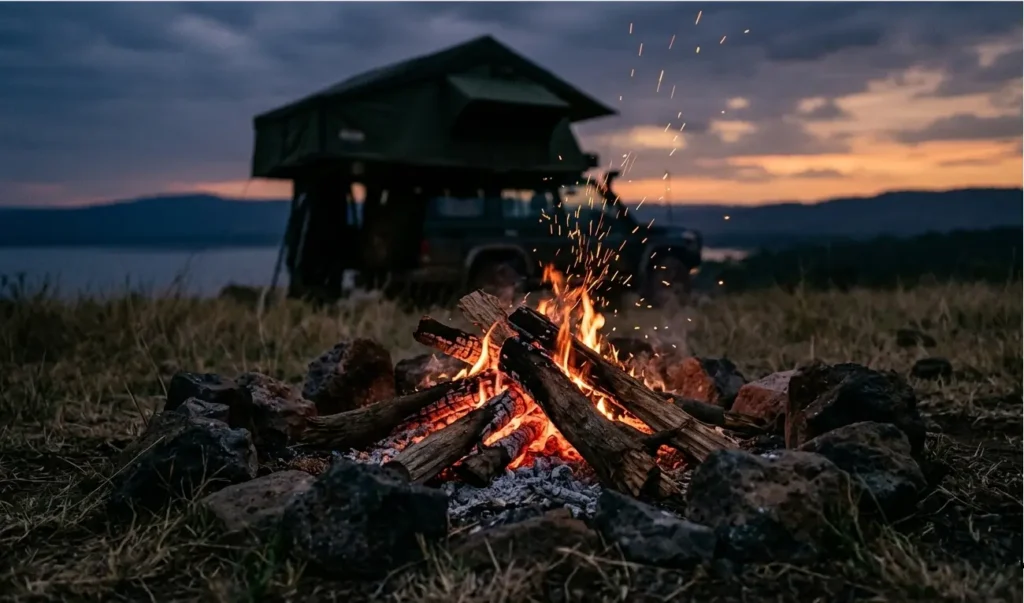 Lake Nakuru Camping 2026: The "Public vs. Special" Reality Check 2 A natural campfire setting at a Lake Nakuru camping ground during the 2026 safari season.