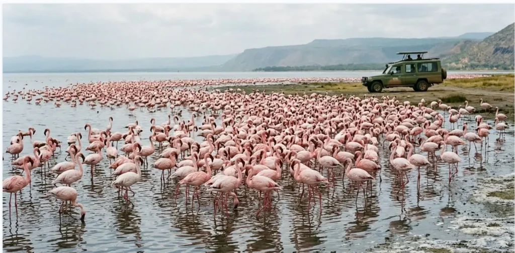Large flock of flamingos on the shallow shores of Lake Elementaita during a 2026 bird-watching safari.