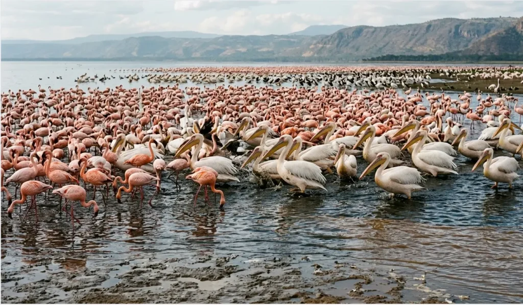 Lake Nakuru National Park FAQs 2026: 27 Insider Answers to Travel Tips & Hidden Costs 3 Flamingos and pelicans at the Southern Mudflats of Lake Nakuru during the 2026 migration.