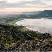 Panoramic view of Lake Nakuru from Menengai Crater rim at sunrise.