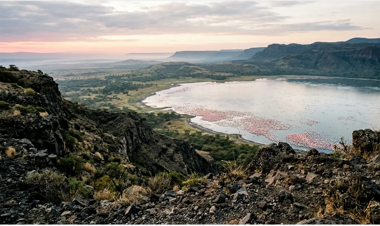 Panoramic view of Lake Nakuru from Menengai Crater rim at sunrise.
