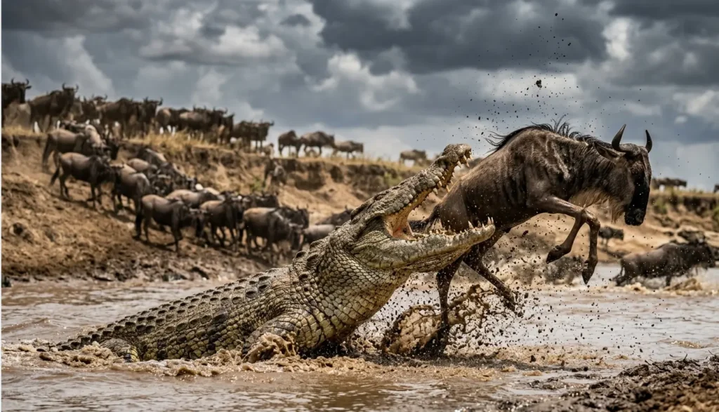 Masai Mara Packing List 2026: 5 Critical Items 90% of Safaris Forget 4 Dynamic action shot of a Nile crocodile attacking a wildebeest during the Great Migration river crossing in the Masai Mara 2026.