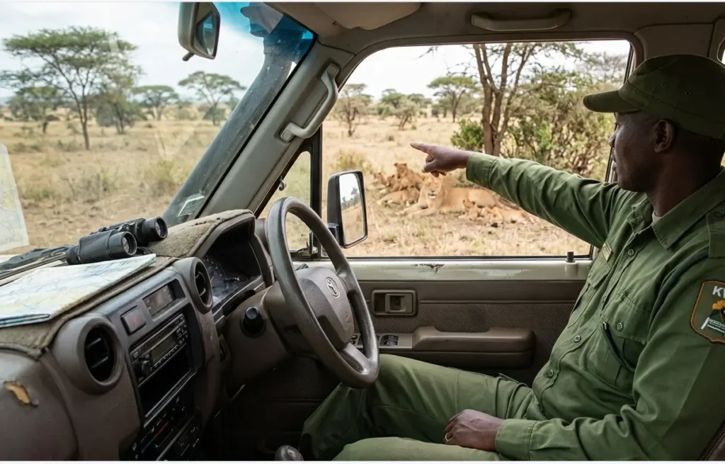 A KWS ranger acting as a gate-guide inside a self-drive vehicle in Lake Nakuru 2026.