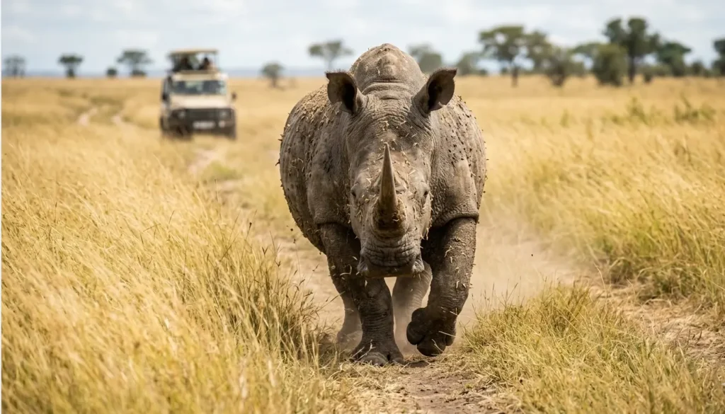 Rare white rhino sighting in Lake Nakuru National Park during a 2026 guided safari.