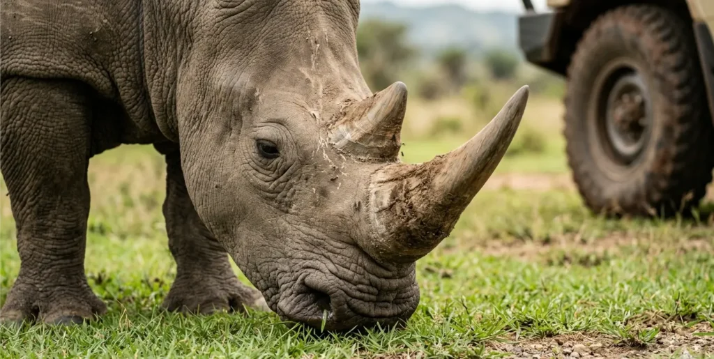 Close-up of a White Rhino grazing in Lake Nakuru National Park during the 2026 season.