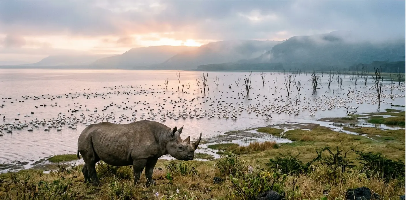 2026 Lake Nakuru safari landscape featuring a rhino and flooded acacia trees at dawn.