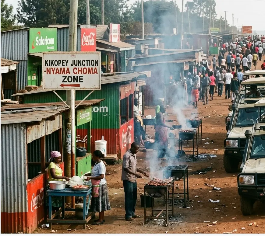 The famous Kikopey meat-roasting stop on the highway between Nairobi, Elementaita, and Nakuru in 2026.