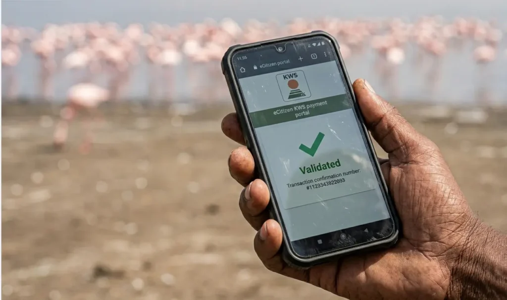 Smartphone screen showing a successful KWS eCitizen payment validation for Lake Nakuru National Park entry in 2026.