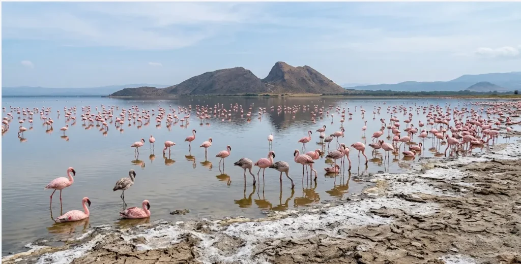 17 Fun Things to Do in Nakuru 2026: An Operator’s Ground Report (Beyond the Safari) 7 Flamingos gathered at the shores of Lake Elementaita near the Sleeping Warrior hill.