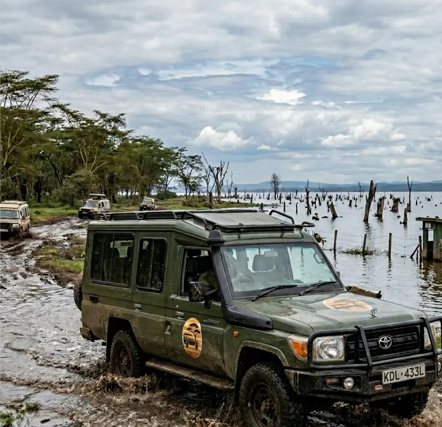 A Hilmuks Safaris 4x4 vehicle navigating the submerged southern tracks of Lake Nakuru National Park during the 2026 high water season.