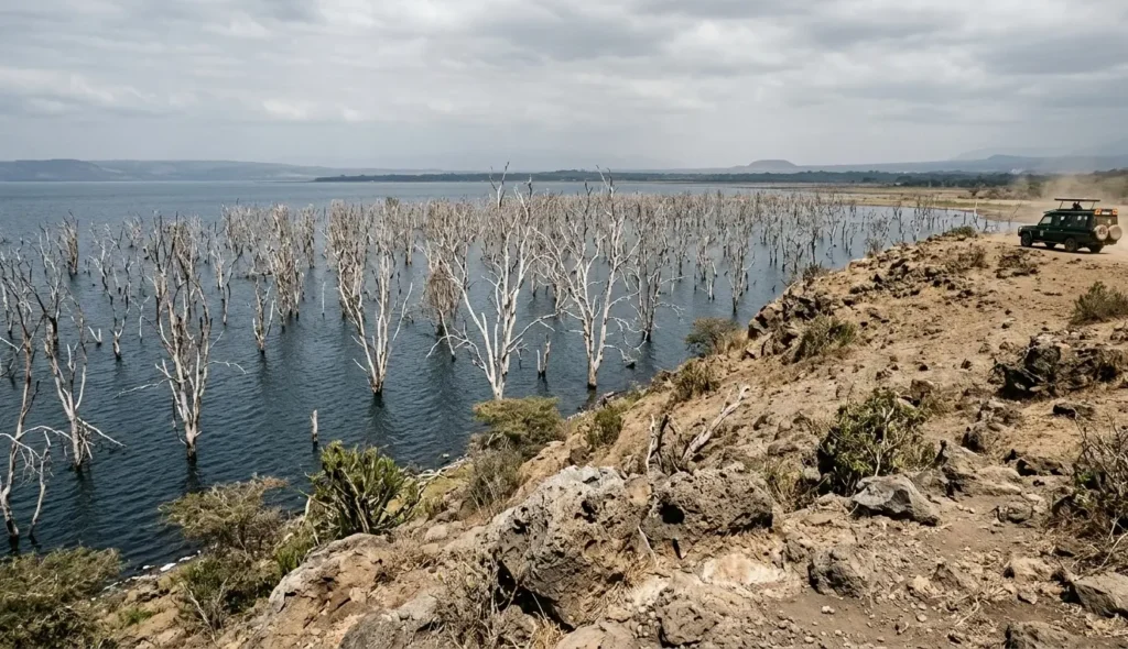 Flooded acacia trees in Lake Nakuru proving why big cats have moved to higher ground 2026.