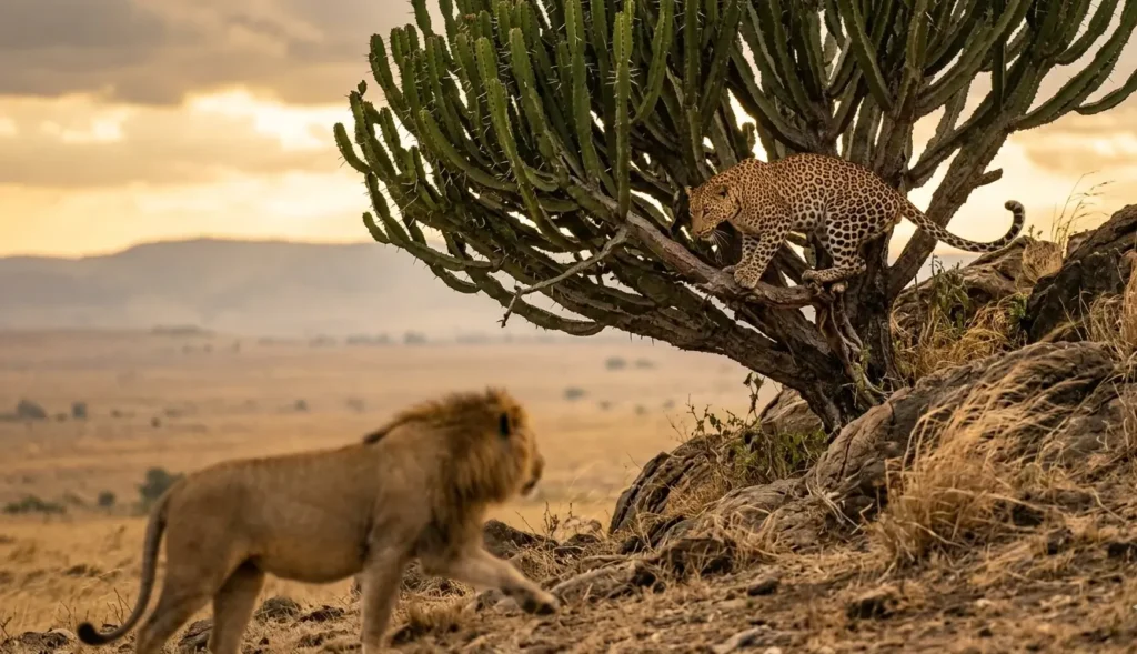 A leopard in a Euphorbia tree avoiding lions in the squeezed territory of Lake Nakuru 2026.