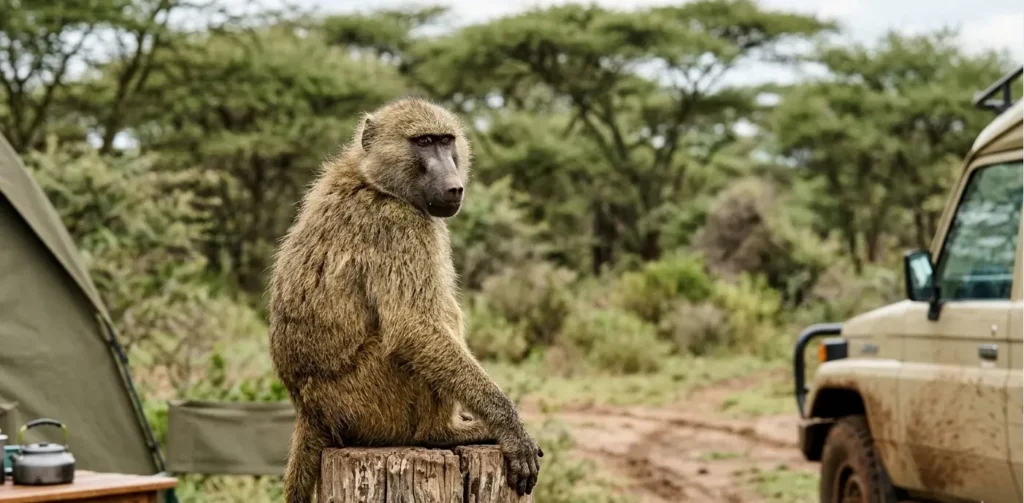 Lake Nakuru Camping 2026: The "Public vs. Special" Reality Check 7 A yellow baboon at a Lake Nakuru campsite observing campers for an opportunity to raid supplies in 2026.