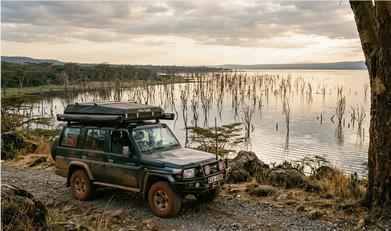 A 4x4 vehicle with a rooftop tent parked overlooking the flooded Lake Nakuru landscape in 2026.