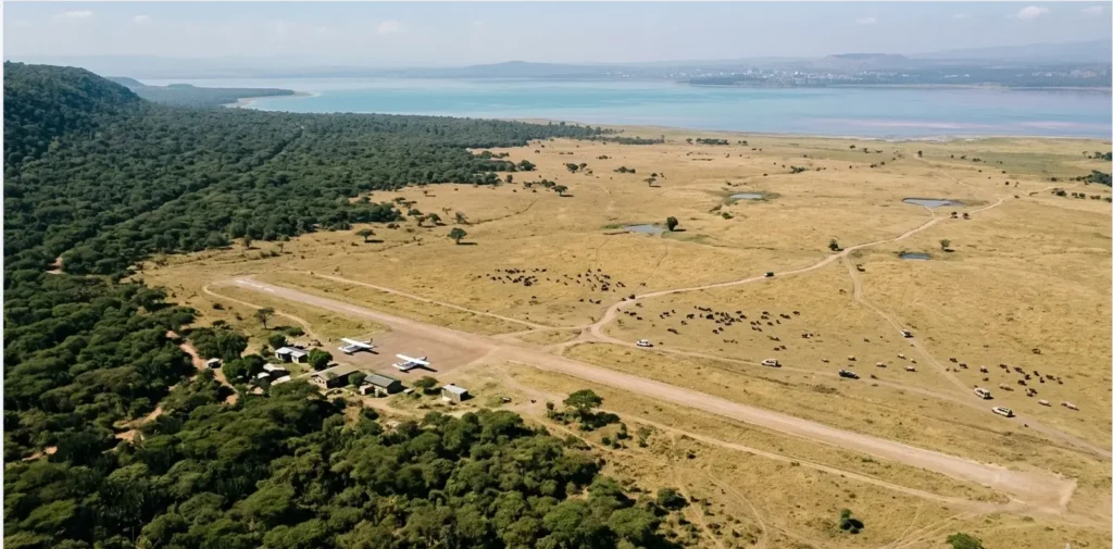 Lake Nakuru Camping 2026: The "Public vs. Special" Reality Check 6 Aerial view of the southern plains of Lake Nakuru where the 2026 high-ground campsites are located.