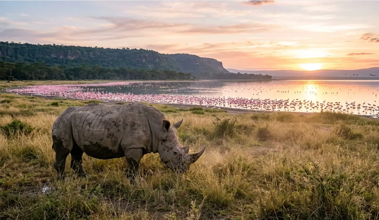 Comparison of Lake Nakuru day trip vs overnight safari views at sunrise.