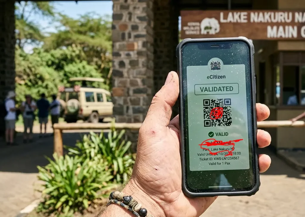 Lake Nakuru National Park FAQs 2026: 27 Insider Answers to Travel Tips & Hidden Costs 2 A traveler verifying a KWS eCitizen park entry permit at Lake Nakuru gate in 2026.